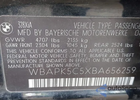 2011 BMW 328I xDrive из США, поврежденный, VIN WBAPK5C5XBA656259